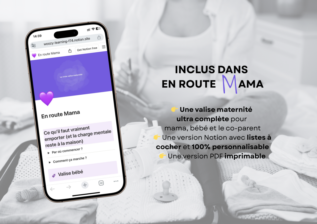 Valise maternité ouverte avec les essentiels pour l’accouchement